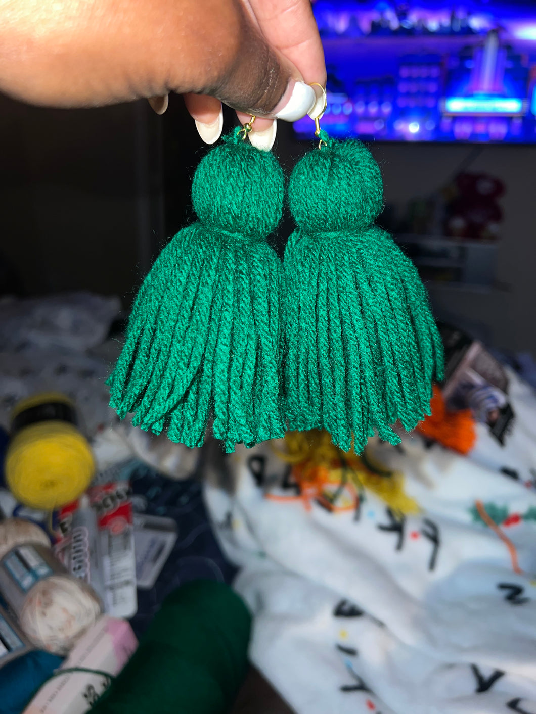 Green Yarn Earrings